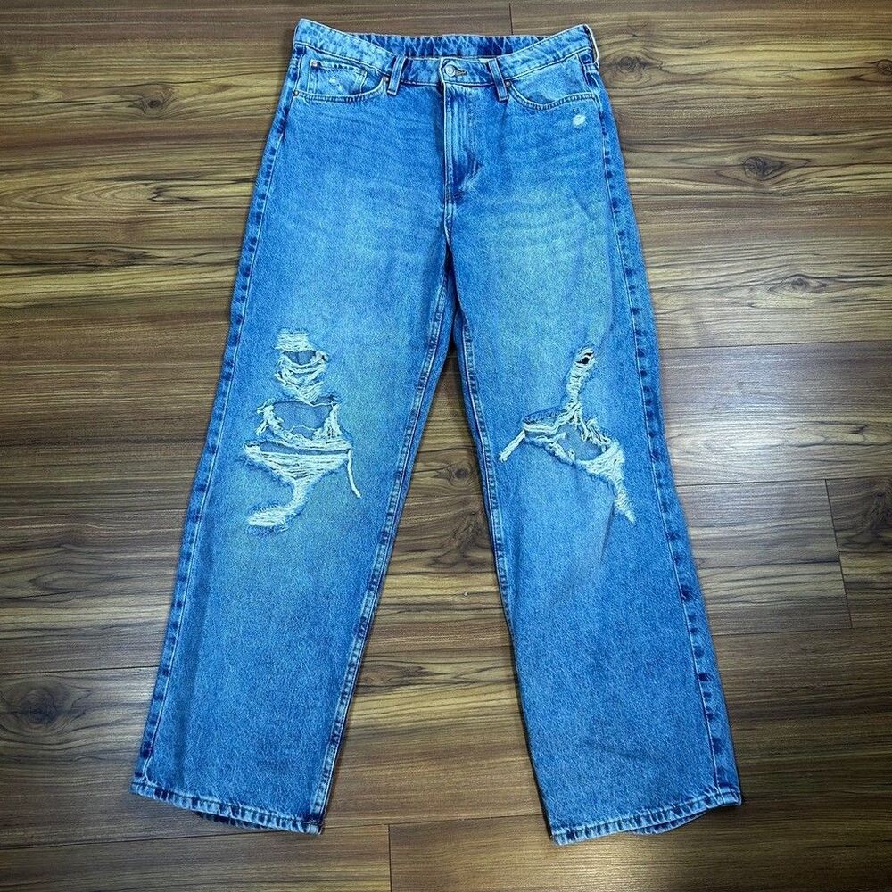 H&M &Denim Loose Straight High Waist Distressed Jeans Womens Size 14 Blue Cotton